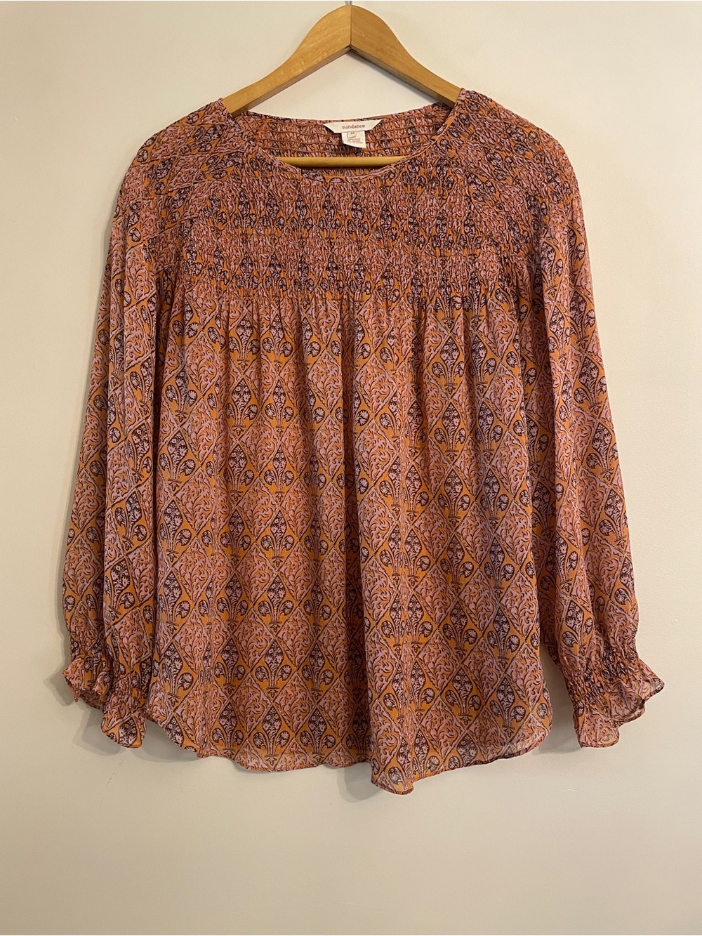 Sundance 100% Silk Paisley Print Smocked Blouse Orange Pink Brown Size M